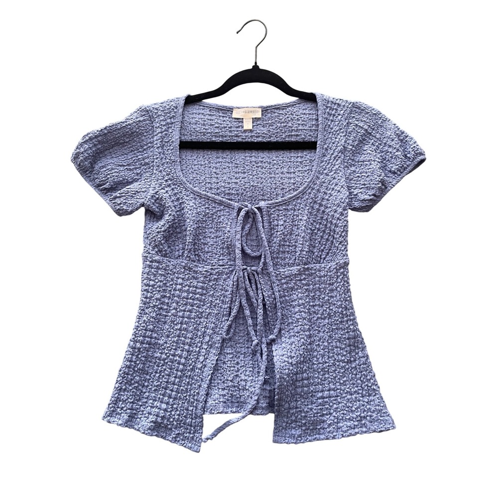 Y2K Babydoll Pastel Periwinkle Blue Tie Front Top Small Coquette Boho Dainty Bow